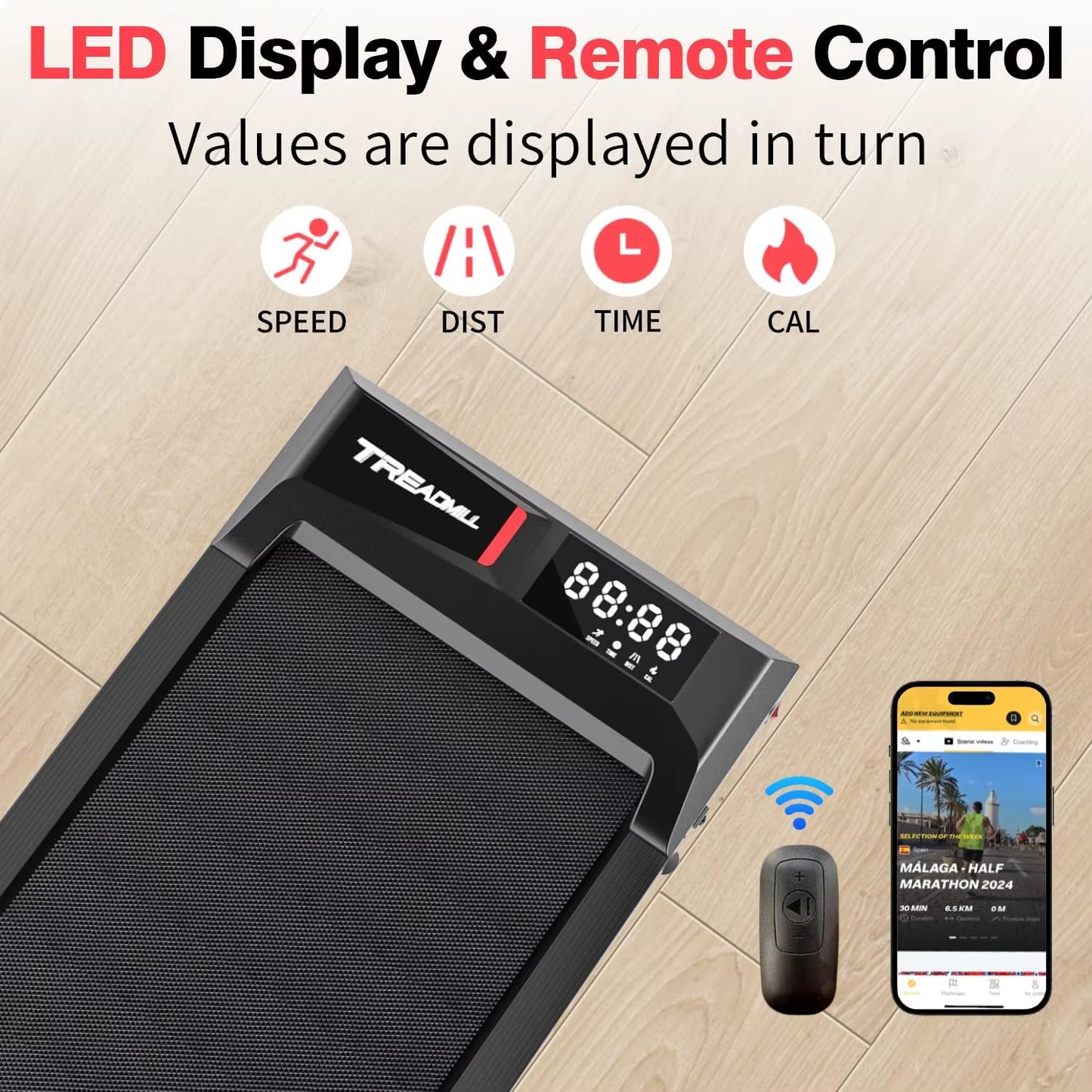 0.6-3.8MPH Speed, 2.5HP under Desk Treadmill with Remote Control, Compact Design, LED Display, 300 Lbs Max Weight Capacity